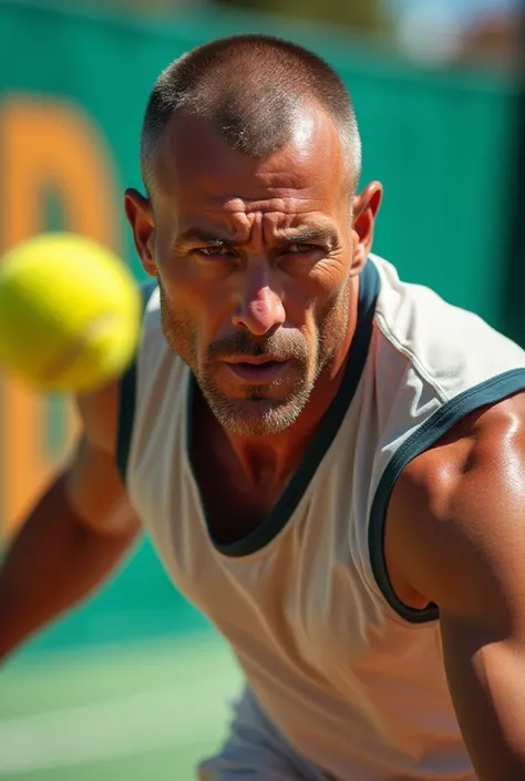 A black ager with buzz cut playing padel