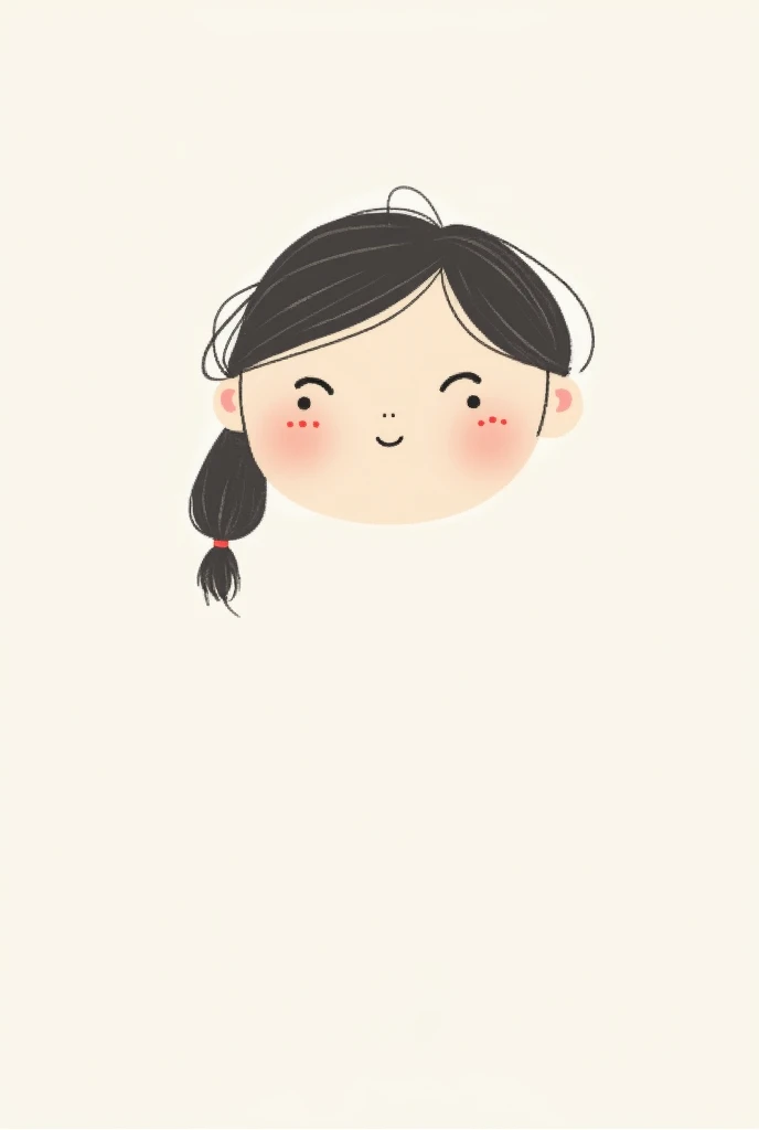  A minimalist cartoon character , hand-drawn , of a girl.  She will have only the head I will not create the body,  She Has a round head with simple dotted eyes and a small curved smile to express warmth and sympathy.  Her hair is styled with loose threads...