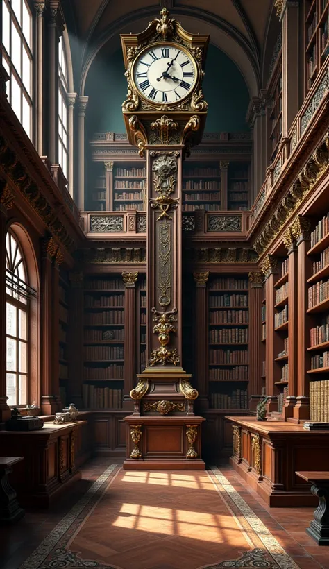 Give me an image of an old library with several books from the time of old France and that there is an old clock