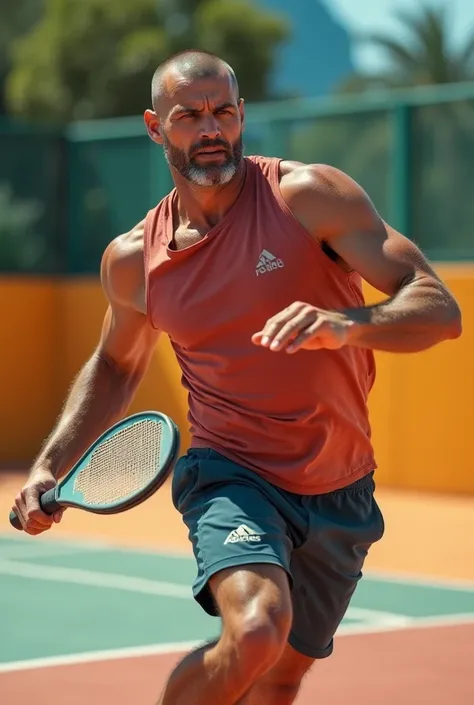 A black ager with buzz cut playing padel