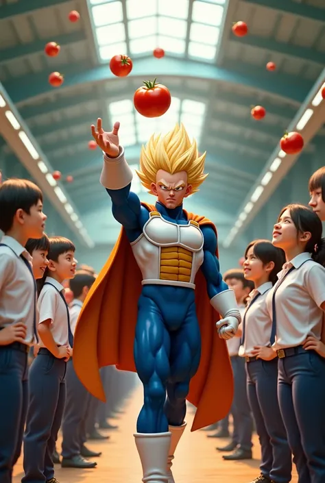  Vegeta, wearing his supehero outfit Throwing a tomato  inside school while they were a lot student wearing a white shirt and blue black pants 