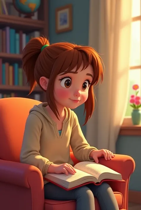 A Disney-style animated scene featuring a young narrator, an  girl with chestnut brown hair tied in a neat ponytail. She sits on a colorful chair in a cozy, well-lit room with a bookshelf and soft pastel tones. The narrator holds an open book in her lap, l...