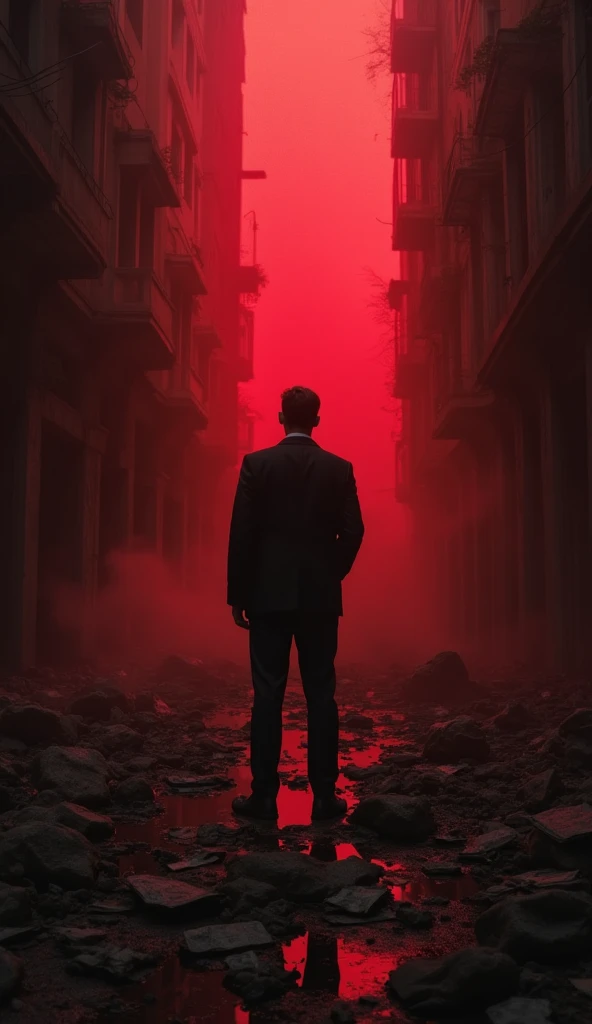  a man with his back , standing,  amidst a dark environment that reflects your inner struggle .  Shades of red and black dominate the scene , , symbolizing the intensity of your pain and the challenges you face . Around you,  wrecks of a crumbling world - ...