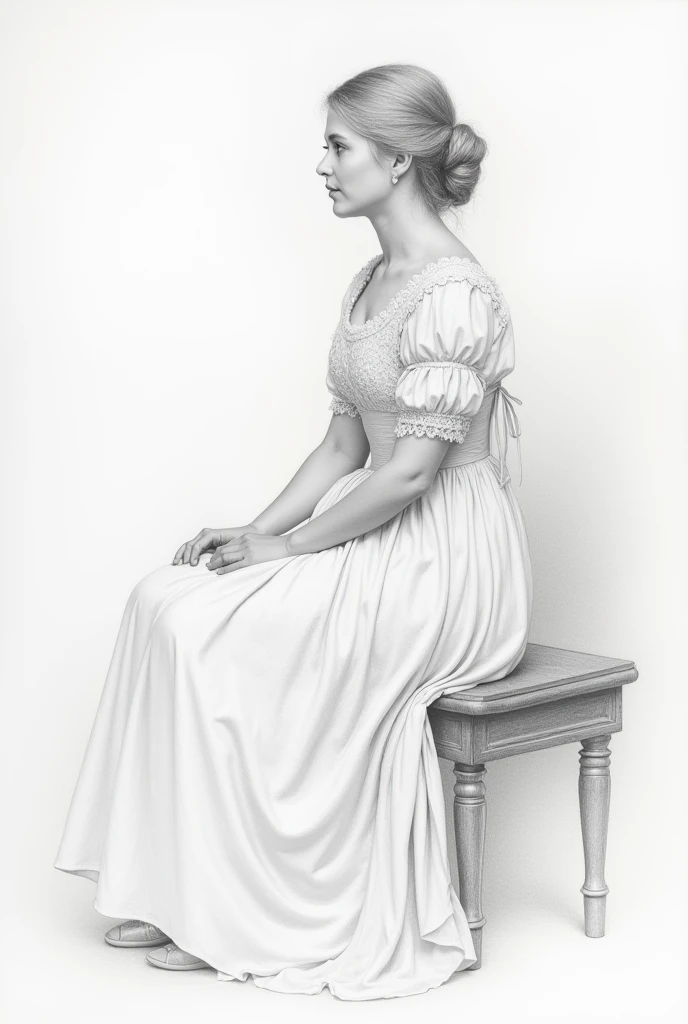 pencil drawing. A young woman in a Victorian dress sits on a young manK4