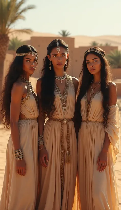 3 beautiful women with elegant clothes long hair light eyes from a village in the Sahara desert The best quality, 