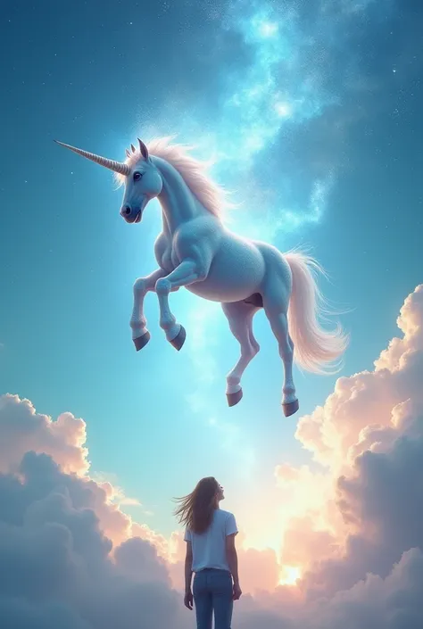 "A magical horse with a horn on its head descending from a bright, blue sky. The horse is glowing softly, with sparkles surrounding it. Below, a   stands with wide eyes, gazing up in