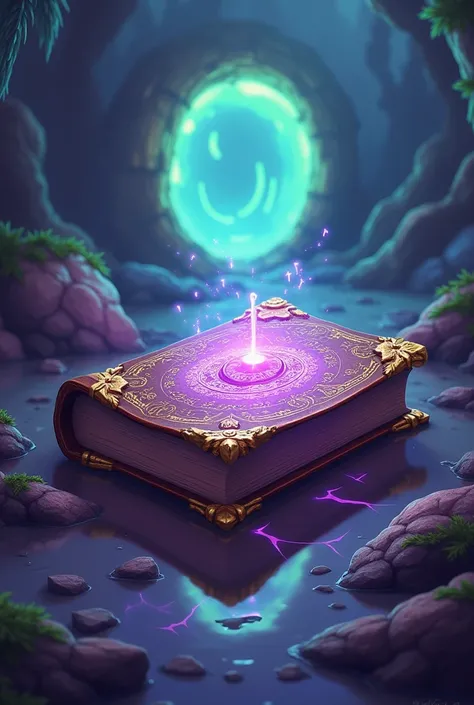 the first one is a magical book in a game style, the second one is a portal glowing in green, the third one is the same book. purple