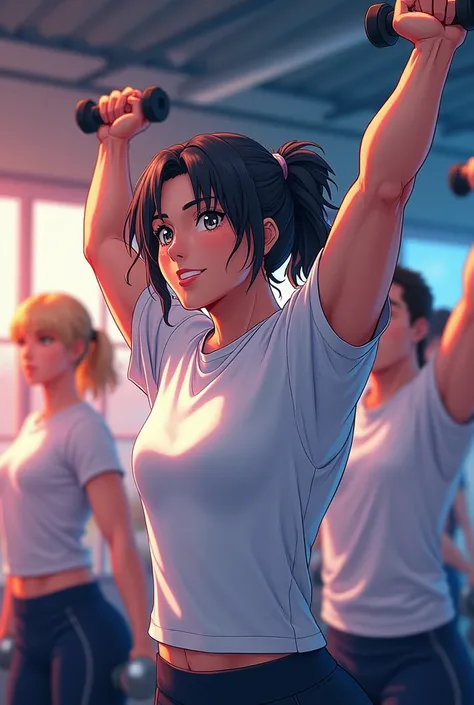 Strong men and women training motivational gym . Both men and women need to be dressed in white t-shirts anime cartoon style image