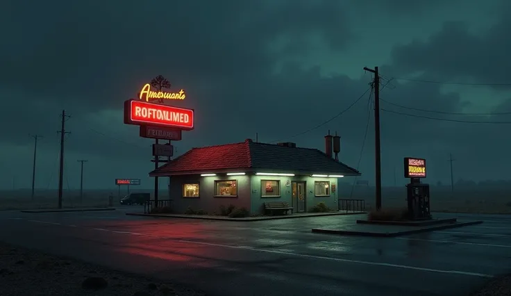 Make a typical American roadside restaurant dimly lit with an empty gas station and truck parking on a gloomy night make the image realistic