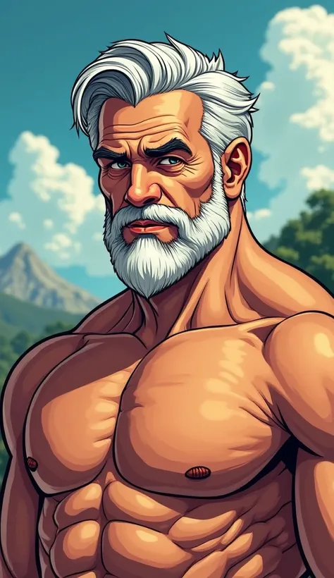 Mature man attractive face gray hair with white beard 70 year old muscular shirtless cartoon style comic