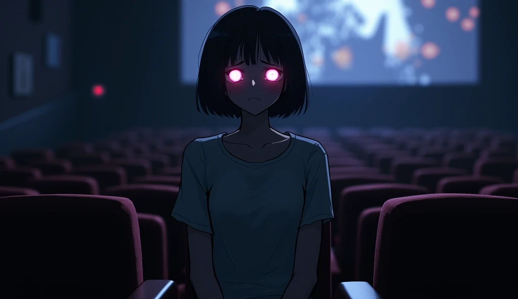  glowing pink eyes , Look at viewers with sad expressions ,  bob cut hairstyle ,  wearing a tight t-shirt ,  and sit alone in a movie theater and watch a movie., wide-angle shooting ,