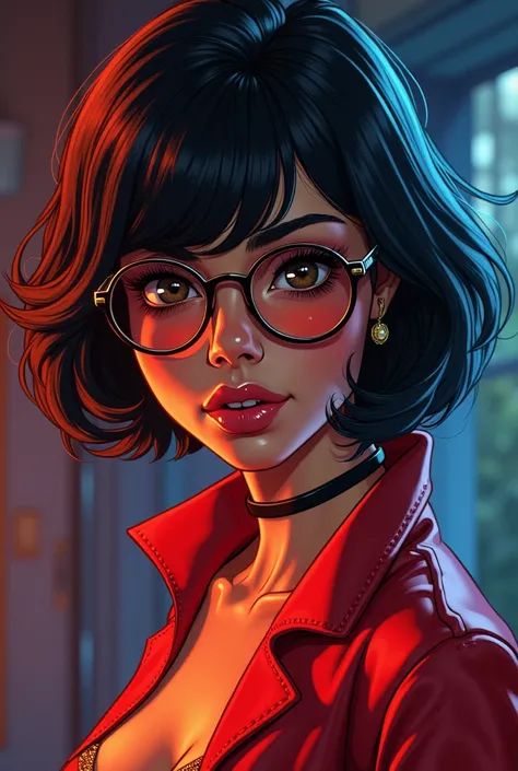  velma dinkley, glasses, beginning a sensual strip-tease, comic book style, hyperrealistic, volumetric lighting, dramatic chiaroscuro, exquisite details, vibrant colors, masterpiece, 1girl, beautiful detailed eyes, beautiful detailed lips, extremely detail...