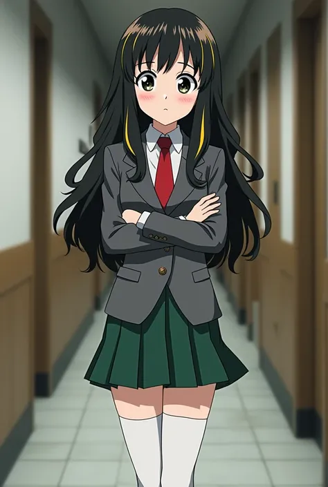  screenshot of Boku no Hero Academia of a age girl with long, wavy hair with yellow highlights, torn and black eyes, has a serious expression she has a piercing on her lip and wears the uniform of the academy,  a gray blazer  , red tie and green skirt  ,  ...