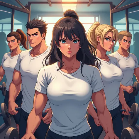 Strong men and women training motivational gym .  both need to be dressed men and women in white t-shirts. anime style image