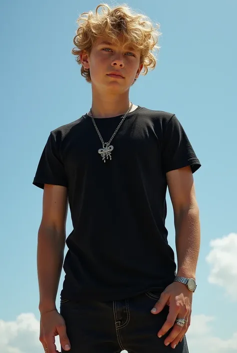  Curly blond boy with a slightly disheveled tuft  ,  eyes as blue as the sky  , Muscular and more  ,  wears a tight black t-shirt with loose black jeans ,  with silver rings on his fingers and a silver necklace  