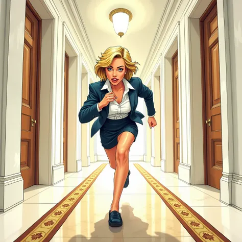 Play Secretary of the President with short blond hair, running down the hall  , , comic style