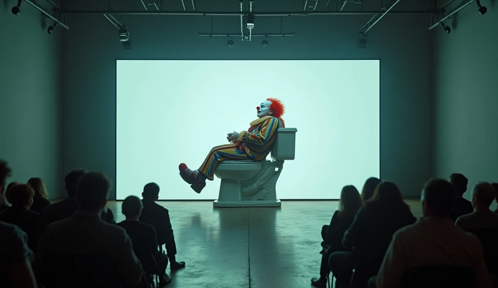 1000 people are watching a huge kinescopic TV that shows a clown sleeping on the toilet