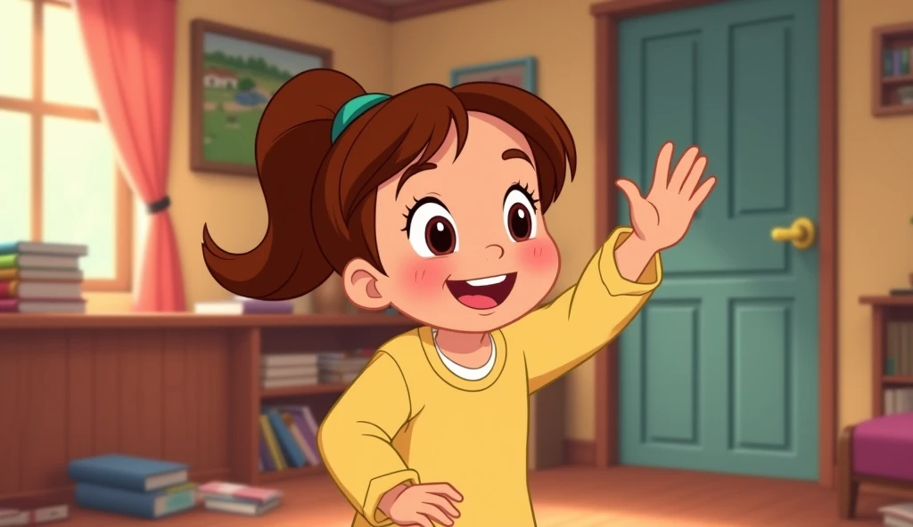 A Disney-style animated scene featuring the young narrator, an  girl with chestnut brown hair tied in a ponytail. She is standing in a cozy, colorful room, with soft pastel walls and a few ren's books scattered around. The girl is smiling warmly at the vie...