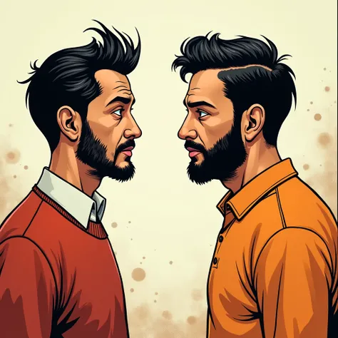 Black-haired president talking to a man with a beard and orange long sleeve shirt , , comic style, profile view