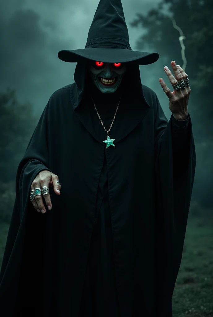 

 A sinister and mysterious wizard appears standing in a dark setting ,  wrapped in a long black cape that flutters lightly in the wind .  He wears a hat traditional wide-brimmed black ,  tilted so that his shadow obscures much of his face .  however ,  h...