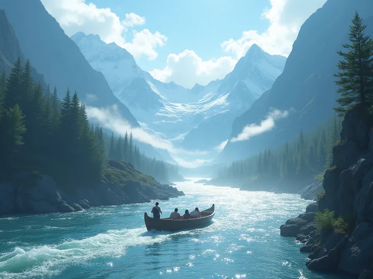 the boat glides gently on the strong flowing river flanked by majestic mountains