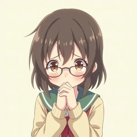 An anime girl, petite, glasses, hands clamped infront of her, looking down, shy, nervous expression, hazel eyes