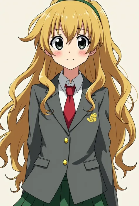  screenshot of Boku no Hero Academia of a girl with long wavy hair with yellow highlights, torn and black eyes, has a smiling expression and has a piercing ,She wears the academy uniform ,  a gray blazer  , red tie and green skirt  ,  she is a pretty woman...