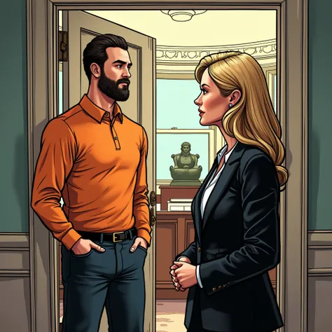 Secretary of the president with blond hair and cut opening the door to a man with a beard and an orange long sleeve shirt, , comic style ,  front view 