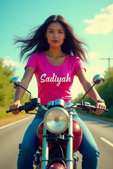 A beautiful lady traveled with motorcycle on the road and wearing a pink t shirt with blue jean and name written on her shirt " sadiyah " 