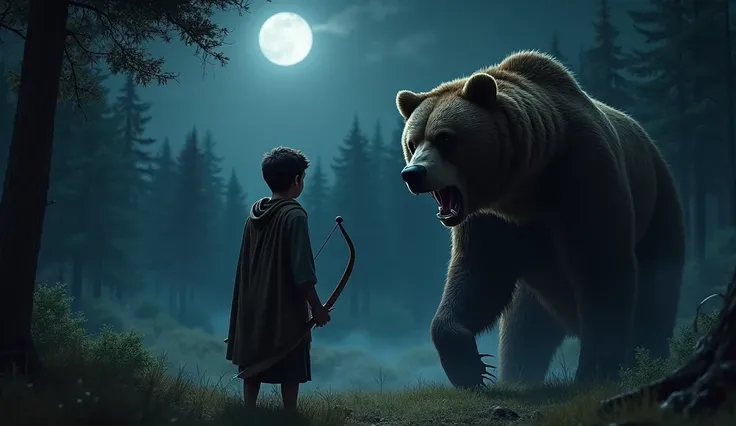 David, a young shepherd boy, confronting a powerful, roaring bear at night under the moonlight. David stands boldly with a slingshot, his determination contrasting with the dark and dramatic forest backdrop. The scene is intensely realistic, with detailed ...