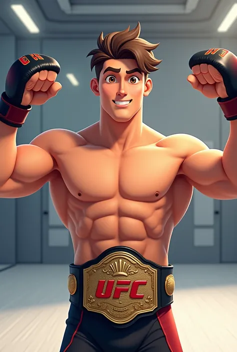  Create an animated image of a boy with short bangs to the side and a dash of hair color brown. The guy in his hands has MMA gloves .and on his hip he has a UFC belt 