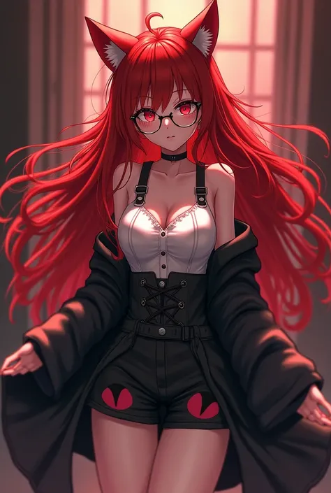 Red-haired woman wearing black floaty waistcoat, shorts with cat ears, glasses, red eyes, anime