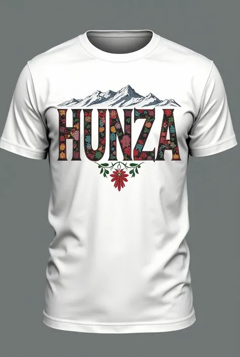 Make it look like the handstiched embroidery Design a round-collar t-shirt with hand-stitched embroidery spelling out the word 'HUNZA' positioned prominently in the center of the chest. Each letter of 'HUNZA' should feature a unique, intricate background d...