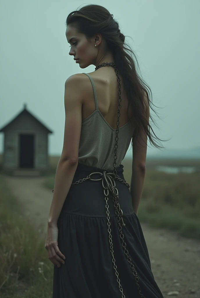 A woman with some chain on her back. and whoever pulls this chain is herself but a ager. the scenery a one doing with just a hut and this a gray day