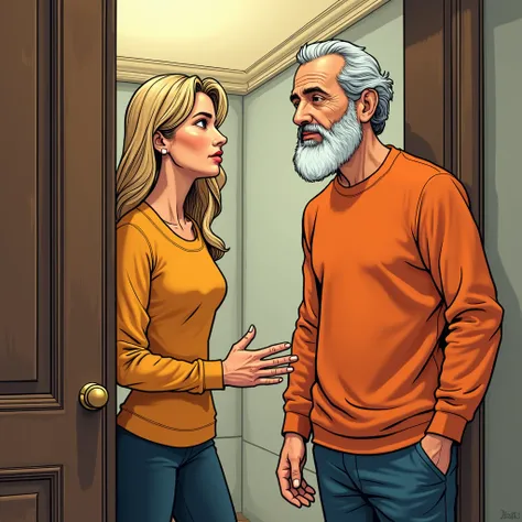 Secretary of the president with blond hair and cut opening the door to a man with a beard and an orange long sleeve shirt, , comic style , vista frontal, 