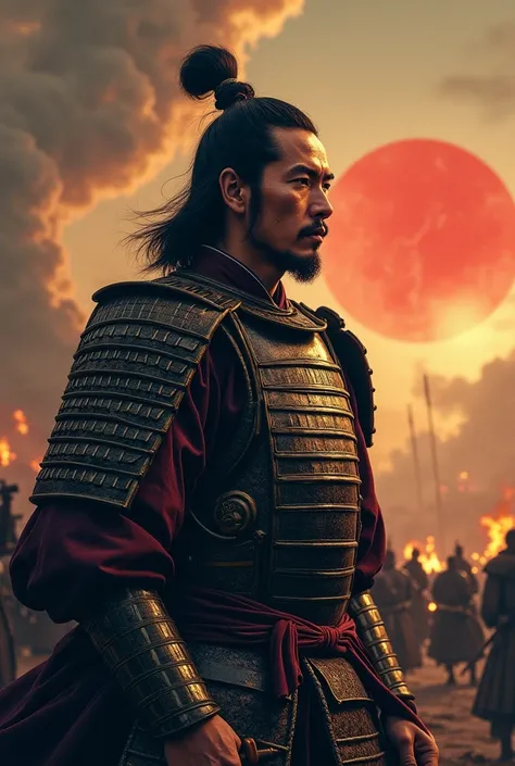 "A portrait of Toyotomi Hideyoshi, the famous Japanese warlord and unifier, depicted in traditional samurai armor, standing in front of a battle-scarred battlefield. His expression is determined and visionary, with an aura of wisdom and strength. The backg...