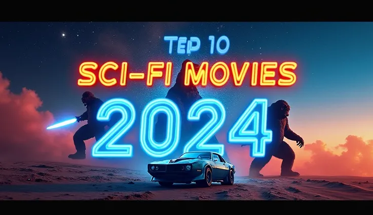 "Create a YouTube thumbnail for a video titled 'Top 10 Sci-Fi Movies of 2024.' Include elements representing movies like a sandworm (Dune), a glowing sword (Rebel Moon), a futuristic car chase (Furiosa), and a giant ape silhouette (Godzilla x Kong). Use a ...