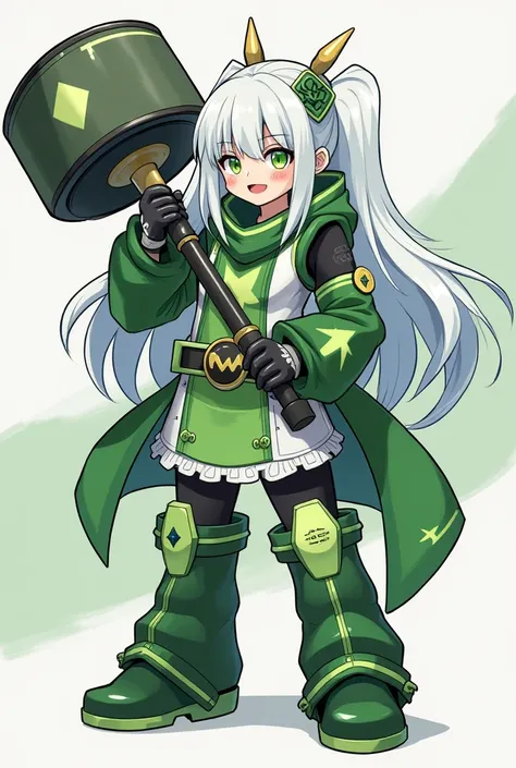 A character with an art similar to that of Genshin Impact  ,  a girl who wears green and white with main colors and uses a large sledgehammer !  She must be more mature with long white hair and straight without loose ends , Your hammer must be robotic with...