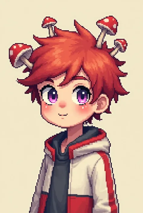 Believe me a boy who has red hair with little fungus on his head and with light purple eyes pixel art drawing style 16x16 and his jacket is white and red