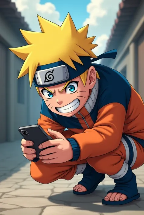 Naruto Uzumaki crouched with a perverted smile while recording with a cell phone
