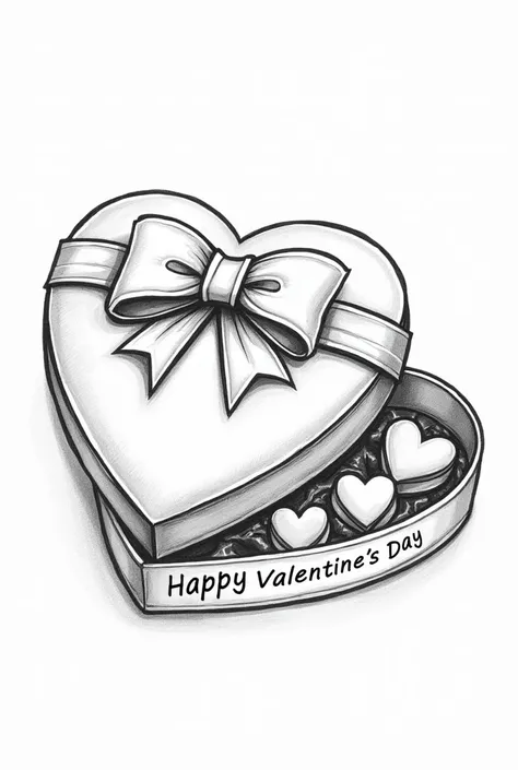 Close up, a black and white close up pencil drawing in a cartoon comic colouring page style of a large heart-shaped box of chocloates with heart shaped chocolates inside it. There is a big bow on the top of the box. There is a note on the box that says, "H...