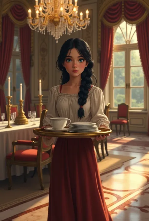 Alina Helping Her Mother
"Alina, the beautiful young girl, helping her mother clean a grand mansion. Her long black hair is tied back, and her blue eyes are focused as she carries a tray of dishes through a luxurious dining room with crystal chandeliers an...