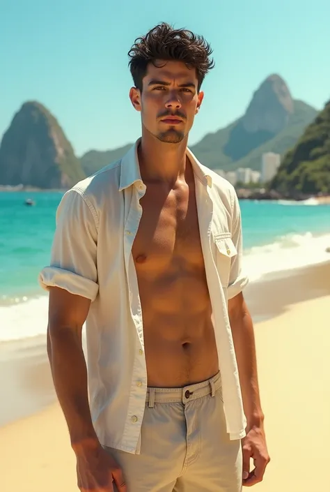 Create a white man, Tall with dark hair , Spotted on the beach in Rio de Janeiro
