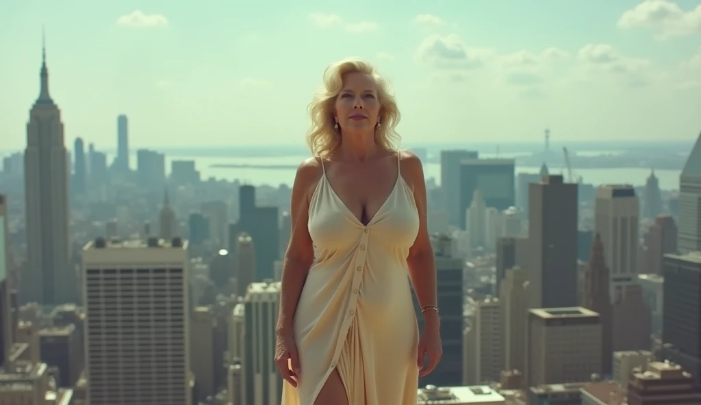 an elderly woman aged 75-80 on the roof of a high-rise building , standing like Marilyn Monroe ,  a very short curvy dress ,  , the upper two buttons are unbuttoned, you can see the upper part of her naked hanging chest,  deep cleavage ,  long hair,   extr...