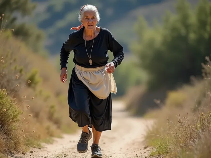 Realistic of a 90-year-old old woman ,  old villager from a mountain village in Spain \(in a black skirt with white apron ,  old woman's clothing from a mountain village, torn and dirty clothes,  with a realistic headscarf ,  with trail running sneakers \)...