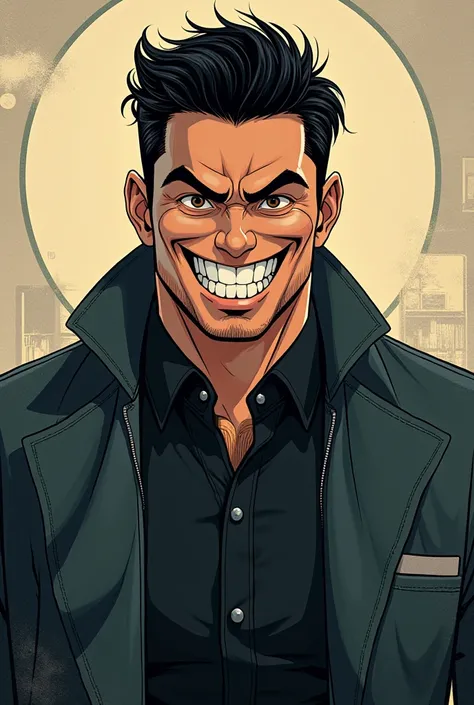  Create a manhwa shaped image from South Korea and animate.Make a tall man a little chubby ,  dark brown eyes,  black hair ,  dark brown skin , with a psychopathic smile ,  Make a handsome man .