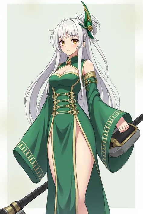 A character with an art similar to that of Genshin Impact  ,  a girl who wears green and white with main colors  , her clothes must be full of buckles and very stylish ,  She must be an adult with long, straight white hair without loose ends (Like a Chines...