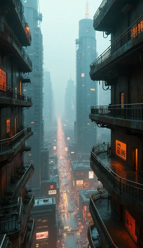 View from the balcony the hundredth floor of the street Cyberpunk Blade Runner.  Neon rust monitors balconies brutalist architecture.