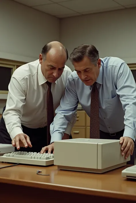 Two men looking at a computer in 1980