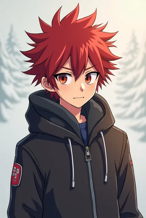  Now create another boy character,  teenager ,  with bulky spiked hair ,  with fringes split at the sides ,  thick eyebrow, Normal face , smile,  winter clothing but not extravagant ,  looking like an anime character ,  red hair, A LITTLE BIT less bulky 